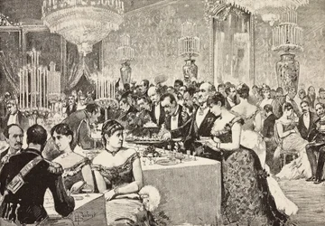 Buffetzaal, Hofbal in Quirinaal, Rome, Italië, gravure naar tekening van Dante Paolocci, uit L