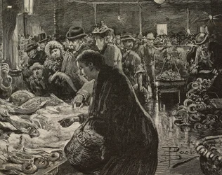 Kerstmarkt in Rome, Italië, gravure naar tekening van Dante Paolocci, uit L