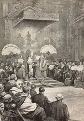 Consistorie op 13 november, Paus Leo XIII waar hij nieuwe kardinalen creëerde, Vaticaan, gravure naar tekening van Dante Paolocci, uit L