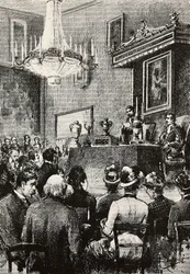 Verkiezing van Regenten in de Republiek San Marino, gravure naar tekening van Dante Paolocci, uit L