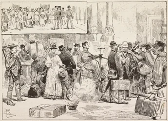 Ontsmetting tegen cholera op station, leerling op velocipede, Rome, Italië, gravure naar tekening van Dante Paolocci, uit L