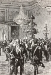 Italiaanse politici en officieren vieren oudejaarsavond in het Quirinaal Paleis, Rome, Italië, gravure door Centenari naar tekening van Dante Paolocci, uit L