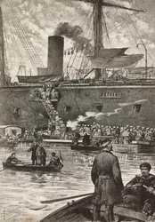 Italiaanse soldaten aan boord van slagschip Principe Amedeo, Italiaanse expeditie in Rode Zee, Napels, Italië, gravure naar tekening van Dante Paolocci, uit L