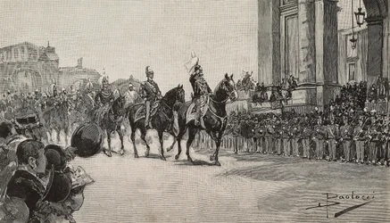 Militaire parade in Macau voor de verjaardag van koning Umberto I, 14 maart