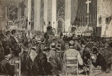 Uitvaart voor doden in Dogali in de kerk van Sant Andrea della Valle, Rome, gravure naar tekening van Dante Paolocci, uit L