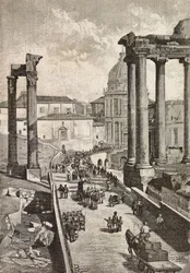 Doortocht door het Forum, Rome, Italië, gravure naar tekening van Dante Paolocci, uit L