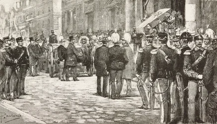 Politici en officieren bij de begrafenisstoet van Luigi Mezzacapo (1814-1885), Italiaanse politicus en officier, Rome, Italië, gravure naar tekening van Dante Paolocci, uit L