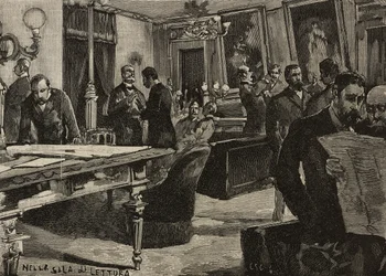 Leeszaal in Palazzo Montecitorio, Rome, Italië, gravure naar tekening van Dante Paolocci, uit L