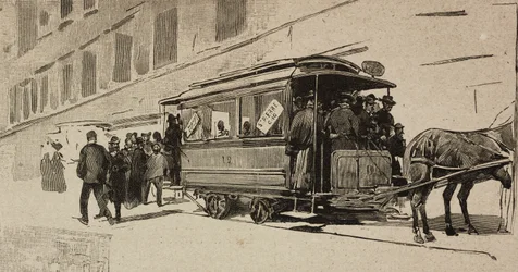Tram naar Sint-Pieter ter gelegenheid van het Episcopaal Jubileum van Leo XIII, Rome, Italië, gravure naar tekening van Dante Paolocci, uit L