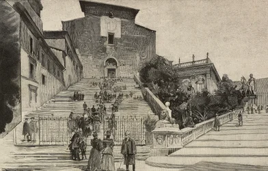 Uitzicht op de Basiliek van Santa Maria in Aracoeli, Rome, Italië, gravure naar tekening van Dante Paolocci