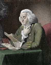 Portret van Benjamin Franklin (1706-1790), Amerikaanse filosoof, natuurkundige en ambassadeur. Gravure naar een schilderij van David Martin.