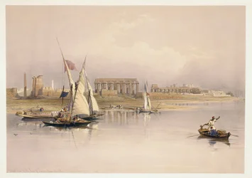 Egypte, ruïnes van Luxor vanaf de Nijl, gravure gebaseerd op tekening van David Roberts
