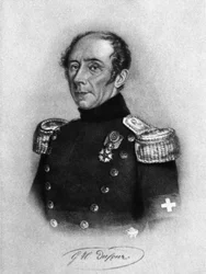 Portret van Guillaume-Henri Dufour (1787-1875), Zwitsers generaal, ingenieur, topograaf en medeoprichter van het Internationale Comité van het Rode Kruis, gravure naar een tekening van Karl Friedrich Irminger (1813-1863)