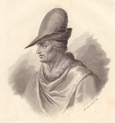 Portret van Italiaanse militaire leider Uguccione della Faggiola (1250-1319), kopergravure door Caterina Piotti-Pirola