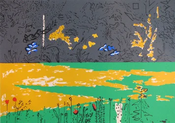 Tuin, donkere rand met blauwe lelies