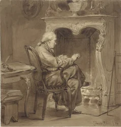 Oude man warmt zich bij de haard