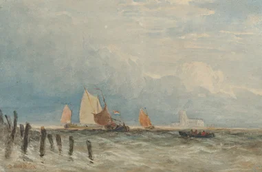 Nederlandse vissersschepen voor de kust, met Grote Kerk, Dordrecht in de verte