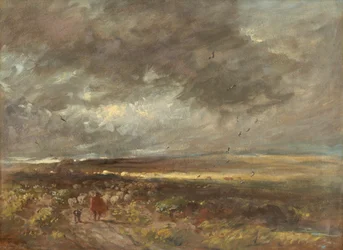 Moorlandschap: herder en schapen (olieverf op papier op doek)