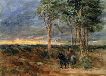 Reizigers naderen een wegwijzer op een heide, 1851