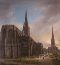 St. Michaels en Heilige Drie-eenheid Kerken, vanuit het noordoosten, Coventry, 1849