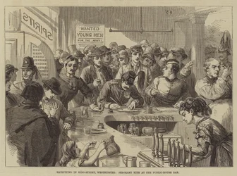Werving in King-Street, Westminster, Sergeant Kite aan de bar van het café