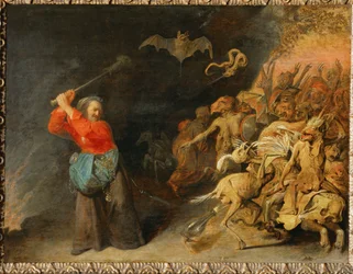 Dulle Griet, een Nederlandse legendarische heks, half gevaarlijk, half grappig (schilderij op eikenhout)