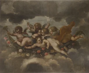 Putti die met bloemen versieren