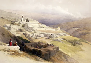 Klooster van het Heilige Land, Nazareth, 21 april 1839, plaat 30 uit deel I van «Het Heilige Land», gegraveerd door Louis Haghe (1806-85), gepubliceerd in 1842