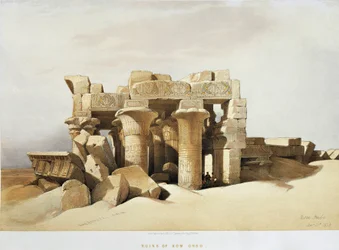 Egypte, De ruïnes van de Tempel van Kom Ombo gewijd aan Sobek en Horus, door David Roberts, gravure