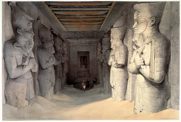Gigantische kalkstenen beelden van Ramses II, Tempel van Ramses, Abu Simbel, Egypte, 1836