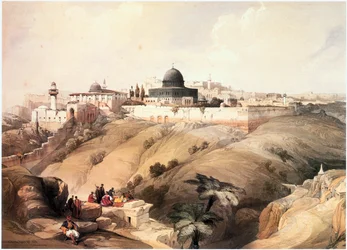 In het Heilige Land: Jeruzalem, uitzicht over de Kidron-vallei naar de Tempelberg (gravure)