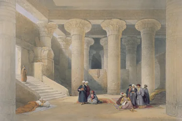 Interieur van de tempel te Esna, Opper-Egypte, uit «Egypte en Nubië», gegraveerd door Louis Haghe, uitgegeven in Londen, 1838