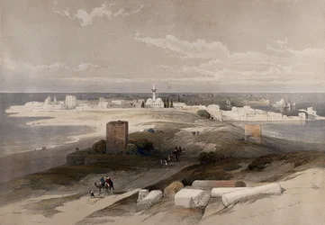 De oude stad Tyrus, gezien vanaf de landengte. Gekleurde lithografie door Louis Haghe naar een ontwerp van David Roberts, 1843.