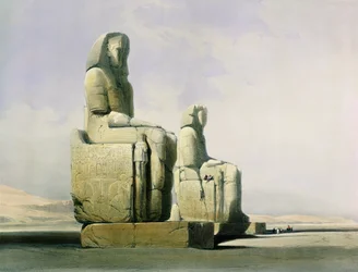 Thebe, 4 december 1838, detail van de kolossen van Memnon, plaat 12 uit deel I van Egypte en Nubië, gegraveerd door Louis Haghe 1806-85, gepubliceerd in 1846, lithografie, detail van 67033