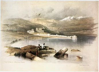 Tiberias, kijkend naar de berg Hermon (gravure)