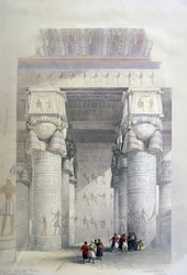 Gezicht onder de zuilengang van de tempel van Dendera