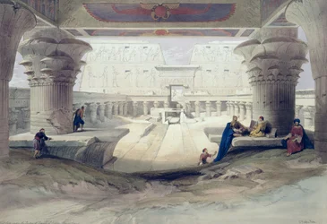 Uitzicht onder het portiek van de Tempel van Edfou, Opper-Egypte, plaat 32 uit Volume I van Egypte en Nubië, gegraveerd door Louis Haghe, gepubliceerd 1846