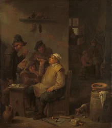 Metselaar die rookt met gezellen in een herberg