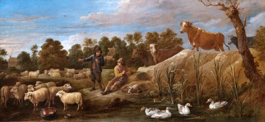 Landschap met twee herders, vee en eenden, 17e eeuw