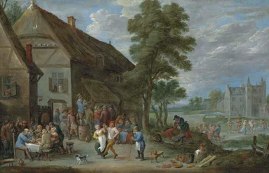 Dansende boeren voor een herberg in Perck, met daarachter Kasteel de Drij Toren