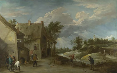 Boeren spelen kegelen buiten een dorpsherberg