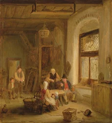 Interieur met figuren bij een raam