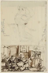 Mensen aan een tafel (recto), en studie voor Cottage Toilet (verso)