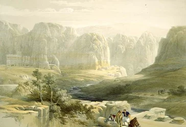 Petra kijkend naar het Zuiden, 9 maart 1839, plaat 106 uit Volume III van Het Heilige Land, gegraveerd door Louis Haghe (1806-85) uitgegeven 1849