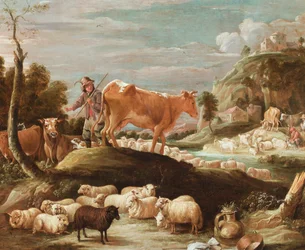 Een koeherder met vee en schapen bij een beek (olieverf op doek)