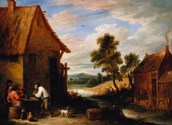 Een rivierlandschap met boeren buiten een herberg
