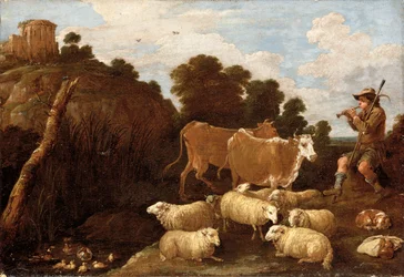Een rivierlandschap met een herder die een pijp speelt met klassieke ruïnes op een heuveltop daarachter
