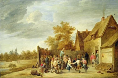 Boeren die Buiten een Herberg Dansen