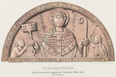 Timpaan van Egmond: boogtrommel met Petrus, graaf Dirk VI van Holland en zijn moeder gravin Petronella, ca. 1120