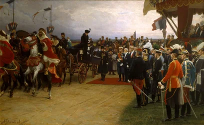 President Emile Loubet verwelkomt Tsaar Nicolaas II en Tsarina Alexandra bij de manoeuvres in Betheny